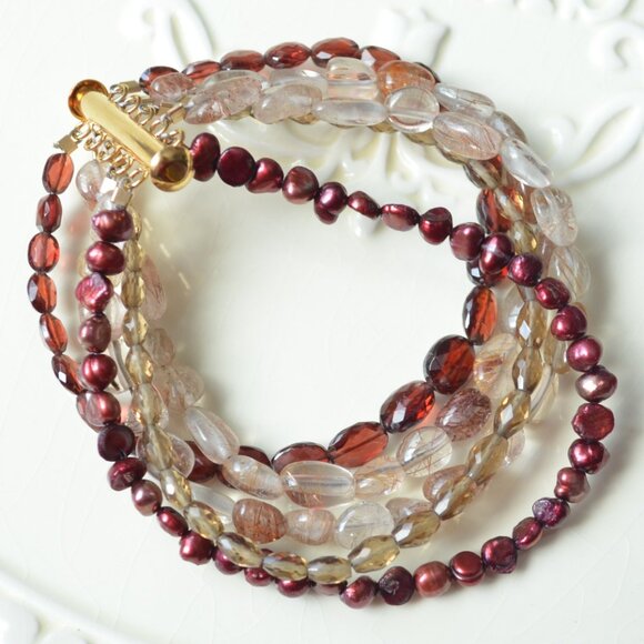 Multi Strand Bracelet with Garnets and Quartz - Handmade - Picture 4 of 10